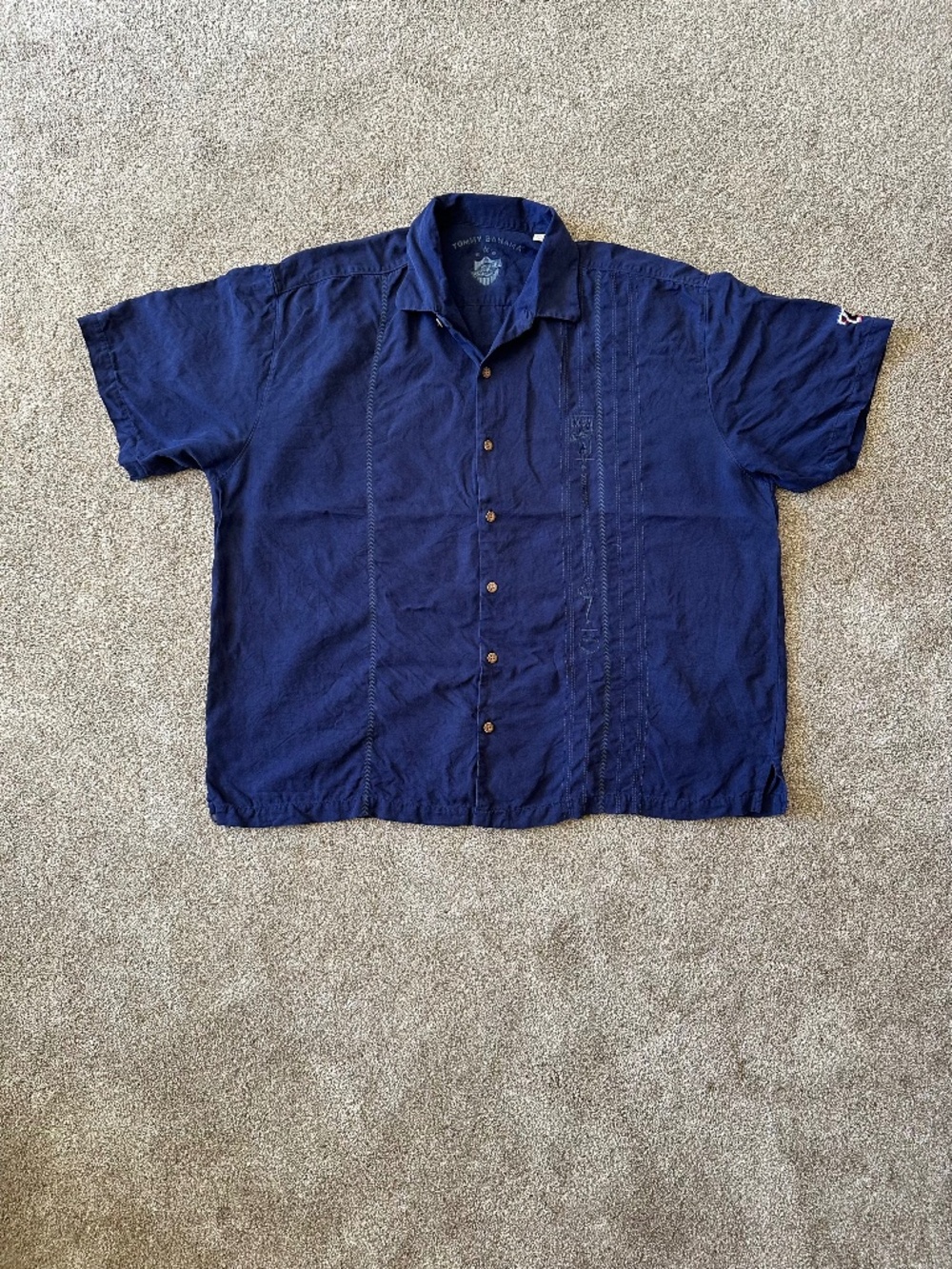 Vintage Tommy Bahama Navy 100% Silk Camp Shirt Baseball Short Sleeve Size XXL
